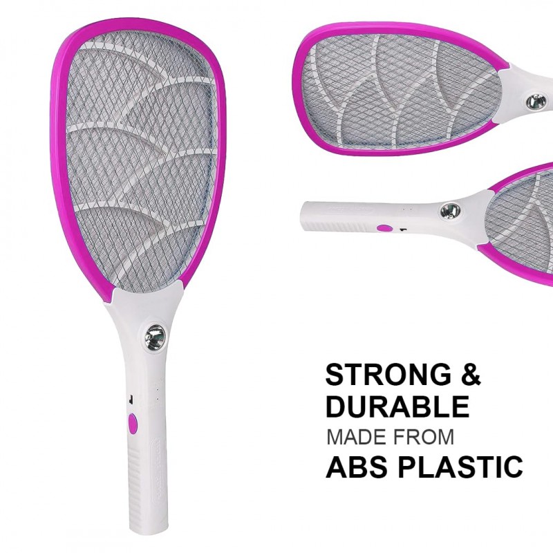 fizzytech Rechargeable Mosquito Racket bat with Bright Cob Light Extended Battery Life (Pink)