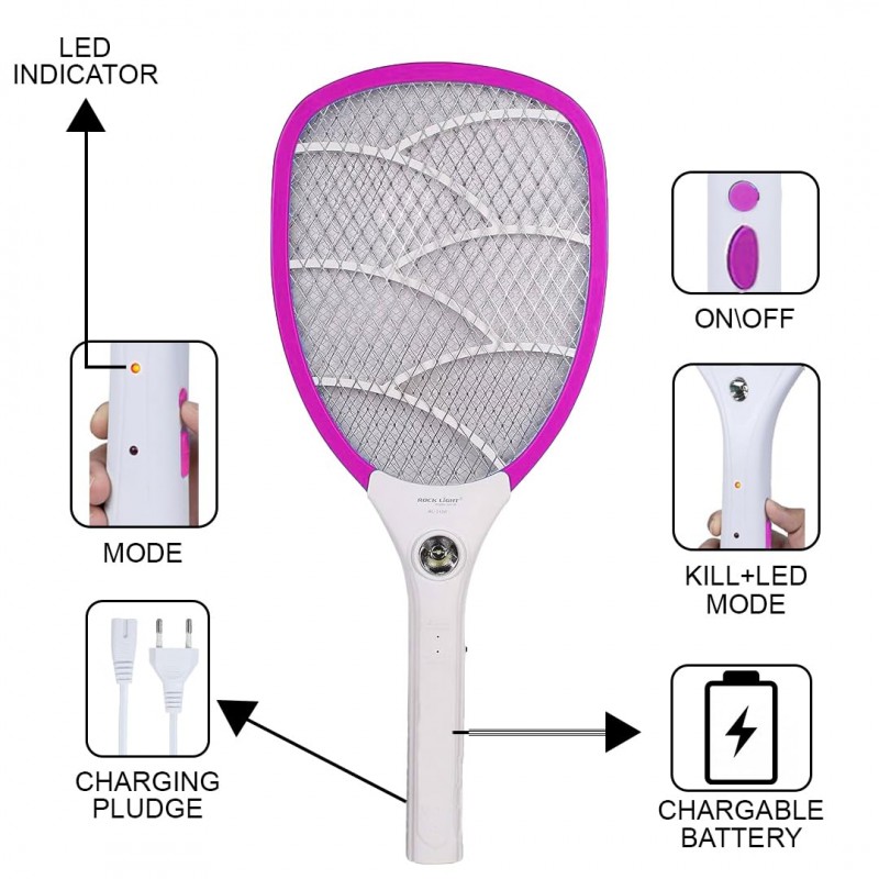 fizzytech Rechargeable Mosquito Racket bat with Bright Cob Light Extended Battery Life (Pink)