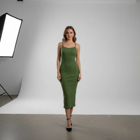 Robe Midi Élegante Vert Olive à Côtes